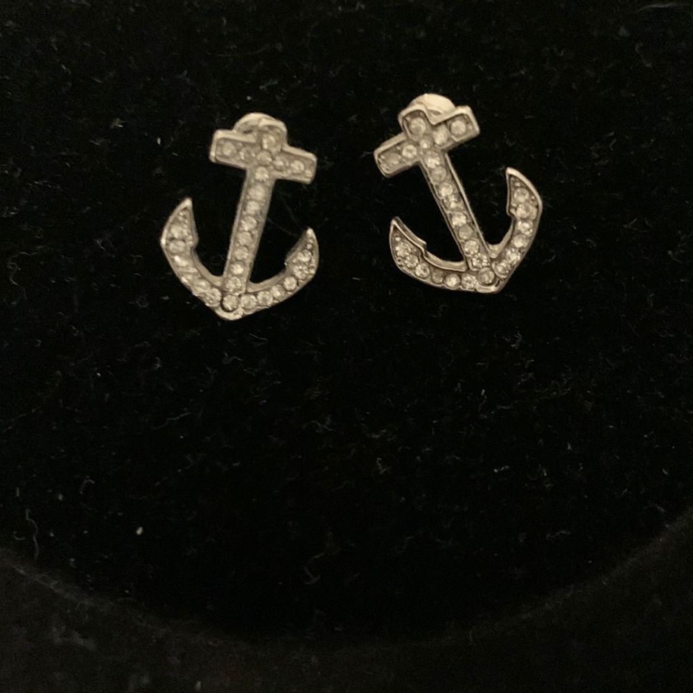Earrings Anchors Silver Rhinestone Nautical Coastal Boating old money